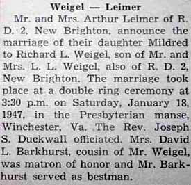 Marriage Notice for Richard L. WEIGEL to Mildred Leimer, 18 Jan 1947