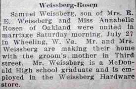 Marriage Notice for Samuel WEISSBERG to Annabelle Rosen, 27 Jul 1929