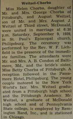 Marriage Notice for 
August WEITZEL to Helen Chorba, 9 Sep 1939