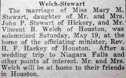 Marriage Notice for Vincent B. WELCH to Mary M. Stewart, 19 May 1923