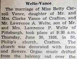 Part 1 Marriage Notice for Lawrence A. WELTE to Betty Carroll Vance, 30 Jun 1938