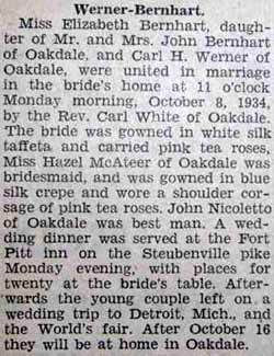 Marriage Notice for Carl H. WERNER to Elizabeth Bernhart, 8 Oct 1934