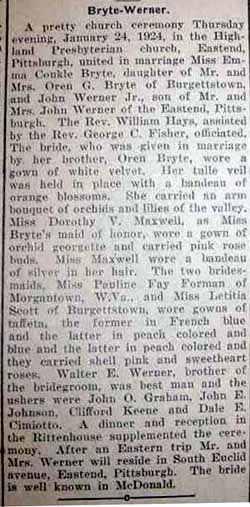 Marriage Notice for John WERNER, Jr. to Emma Conkle Bryte, 24 Jan 1924