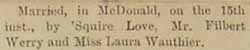 Marriage Notice for Filbert WERRY to Laura Wauthier, 15 Feb 1892