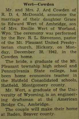 Marriage Notice for Edward WERT to Grace Cowden, 28 Dec 1942
