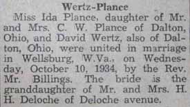 Marriage Notice for David WERTZ to Ida Plance, 10 Oct 1934