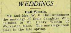 Marriage Notice for Henry WESTIN to Wilhelmina Hall, no date, in 8-24-1928 paper