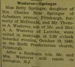 Marriage notice for Thomas A. WESTOVER to Betty Springer, 19 Oct 1940