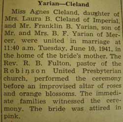 Marriage Notice for Franklin B. YARIAN to Agnes Cleland, 10 Jun 1941