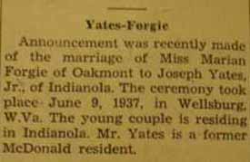 Marriage Notice for Joseph YATES, Jr. to Marian Forgie, 9 Jun 1937