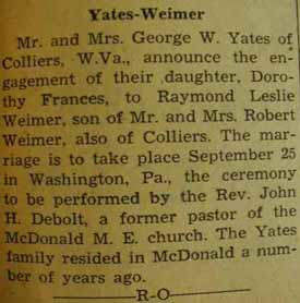 Marriage Notice for Raymond Leslie WEIMER to Dorothy Frances Yates, 25 Sep 1937