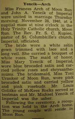 Marriage Notice for John A. YENCIK to Frances Arch, 28 Nov 1940