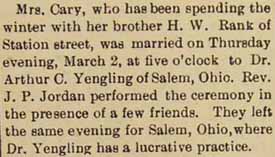 Marriage Notice for Arthur C. YENGLING to Mrs.---- Cary, 2 Mar 1905