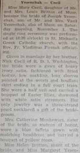 Part 1 Marriage Notice for Joseph YESENCHAK to Mary Cecil, 1 Nov 1947