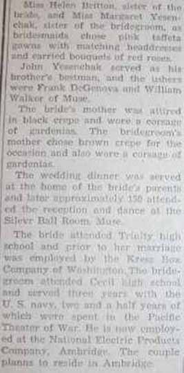 Part 2 Marriage Notice for Joseph YESENCHAK to Mary Cecil, 1 Nov 1947