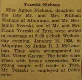 Marriage Notice for Benjamin YEZESKI to Agnes Niehaus, 12 Jan 1938