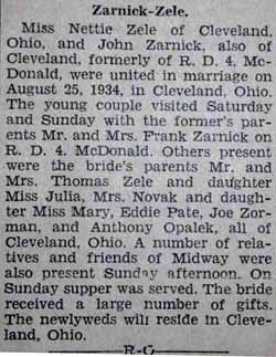Marriage Notice for John ZARNICK to Nettie Zele, 25 Aug 1934