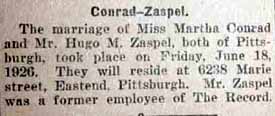 Marriage Notice for Hugo M. ZASPEL to Martha Conrad, 18 Jun 1926