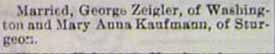 Marriage Notice for George ZEIGLER to Mary Anna Kaufmann, 22 Jan 1908