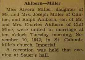 Marriage Notice for Ralph AHLBORN to Alvera Miller, 10 Nov 1942