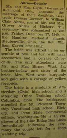Marriage Notice for Gertrude Frances DOWNER and William Clair AHRNS