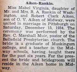 Marriage Notice for Robert Clark AIKEN to Mabel Virginia Rankin, 15 Dec 1934
