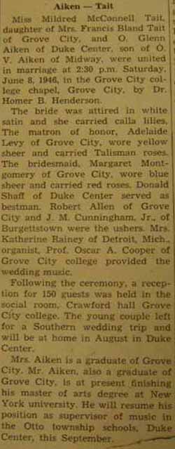 Marriage Notice for O. Glenn AIKEN to Mildred McConnell Tait, 8 Jun 1946