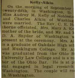 Marriage Notice for Charles AIKEN to Audrey M. Kelly, 25 Sep 1928