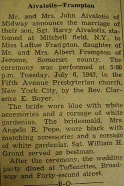 Wedding Notice: Sgt. Harry AIVALOTIS and Miss LaRue FRAMPTON