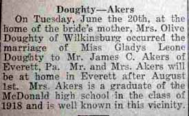 Marriage Notice for James C. AKERS to Gladys Leone Doughty, 20 Jun 1922