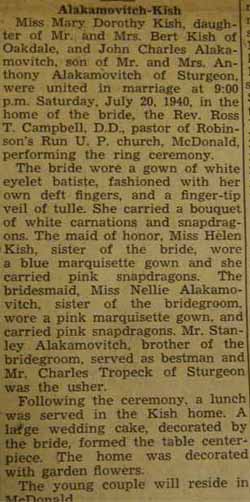 Marriage Notice for Miss Mary Dorothy KISH and John Charles ALAKAMOVITCH
