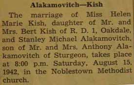 Marriage Notice for Stanley Michael ALAKAMOVITCH to Helen Marie Kish, 15 Aug 1942