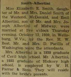 Marriage Notice for Emil ALBERTINI to Elizabeth E. Smith, 12 Oct 1939