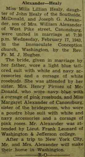 Marriage Notice for Joseph G. ALEXANDER to Milis Lillian Healy, 17 Feb 1943