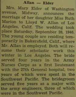Marriage Notice for Lloyd W. ALLAN to Ruth Marion Elder, 28 Sep 1946