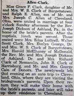 Marriage Notice for Ralph E. ALLEN to Grace F. Clark, no date, in 8-24-1934 paper