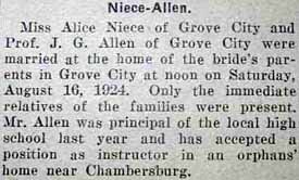 Marriage Notice for J. G. ALLEN to Alice Niece, 16 Aug 1924