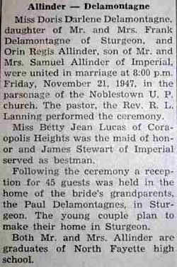 Marriage Notice for Orin Regis ALLINDER to Doris Darlene Delamontagne, 21 Nov 1947