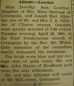 Marriage Notice for Miss Dorothy Ann LOWTHER and Joseph Earl ALLINDER