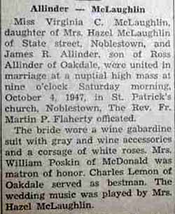 Marriage Notice for James R. ALLINDER to Virginia C. McLaughlin, 4 Oct 1947