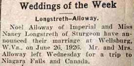 Marriage Notice for Noel ALLOWAY to Nancy Longstreth, 26 Jun 1926