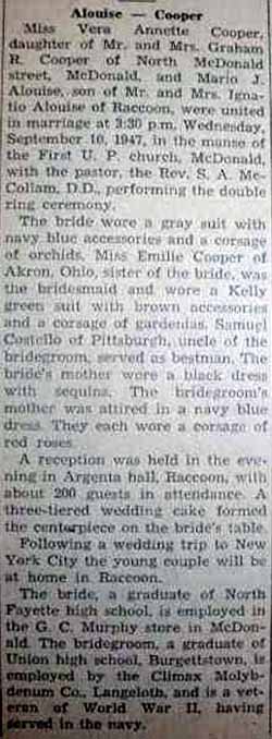 Marriage Notice for Mario J. ALOUISE to Vera Annette Cooper, 10 Sep 1947