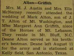 Marriage Notice for Mark ALTON to Margaret Ann Griffith, no date, in 8-28-1942 paper