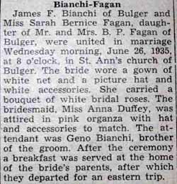 Marriage Notice for James F. BIANCHI to Sarah Bernice Fagan, 26 Jun 1935