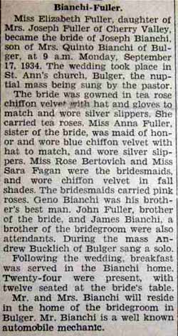 Marriage Notice for Joseph BIANCHI to Elizabeth Fuller, 17 Sep 1934