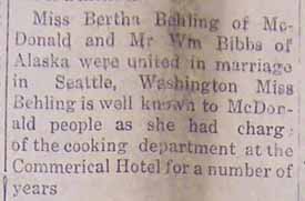 Marriage notice for Wm. BIBBS to Bertha BEHLING, no date, 1914