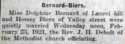 Marriage Notice for Homer BIERS to Dolphine Bernard, 23 Feb 1921