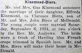 Marriage notice for Clarence BIERS to Elfreda Kinemond, 6 Sep 1924