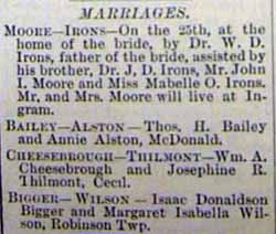 Marriage Notice for Isaac Donaldson BIGGER to Margaret Isabella Wilson, no date, in 2-27-1897 paper