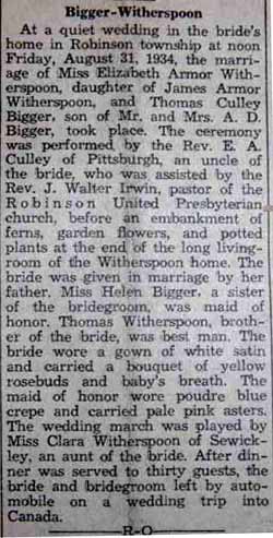 Marriage Notice for Thomas Culley BIGGER to Elizabeth Armor Witherspoon, 31 Aug 1934